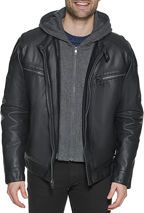 Photo 1 of Calvin Klein Men's Faux Lamb Leather Moto Jacket with Removable Hood and Bib
SIZE LARGE