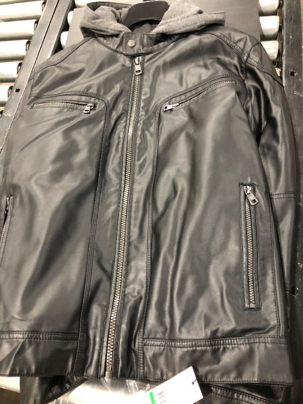 Photo 2 of Calvin Klein Men's Faux Lamb Leather Moto Jacket with Removable Hood and Bib
SIZE LARGE