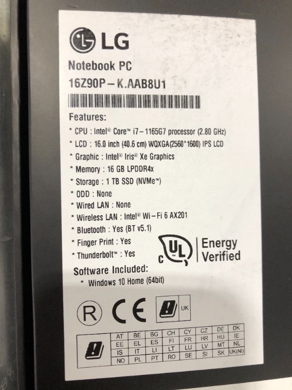 Photo 4 of LG Gram 16Z90P Laptop 16" IPS Ultra-Lightweight, (2560 x 1600), Intel Evo 11th gen Core i7 , 16GB RAM, 1TB SSD, Windows 11 Upgradeable, Alexa Built-in, 2X USB-C, HDMI, USB-A - Black