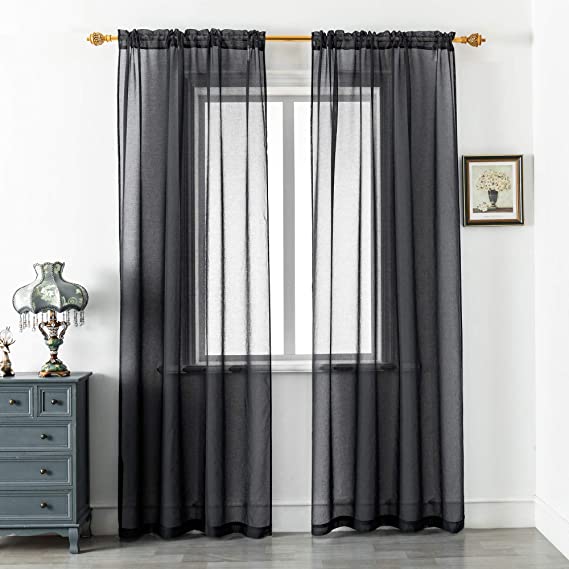 Photo 1 of Black Sheer Curtains 84 Inch Length for Living Room Voile Faux Linen Drapes Rod Pocket Light Filtering Window Semi Sheer Textured Floor Length Curtains for Bedroom 52x84 Inch 2 Panels