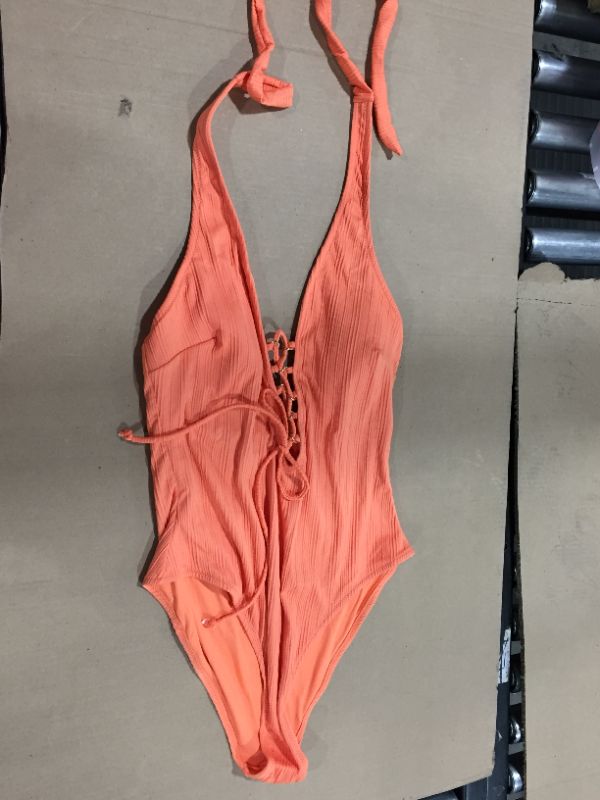 Photo 2 of Alena Orange Halter Lace Up One Piece Swimsuit L
