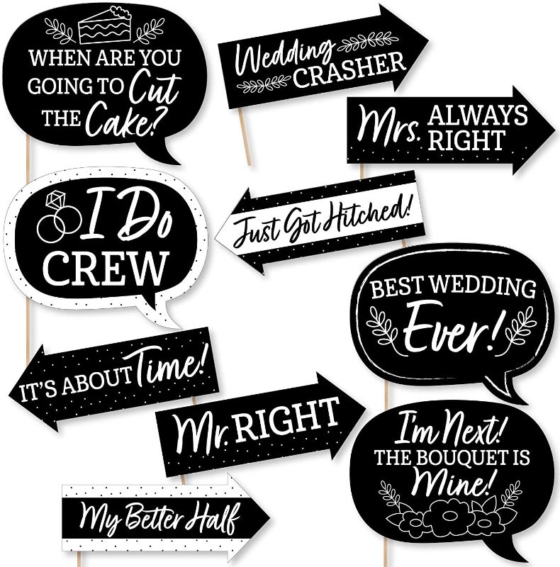 Photo 1 of Big Dot of Happiness Funny Mr. and Mrs. - Black and White Wedding or Bridal Shower Photo Booth Props Kit - 10 Piece
