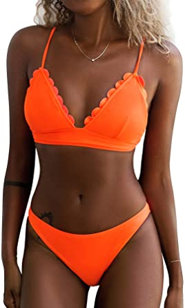 Photo 1 of CUPSHE Women's Bikini Set Neon Scallop Bikini Swimsuit Cross Back Low Rise Two Piece Swimwear Bathing Suits M