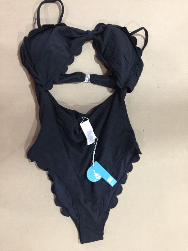 Photo 2 of Black Knotted Scalloped One Piece Swimsuit XL
