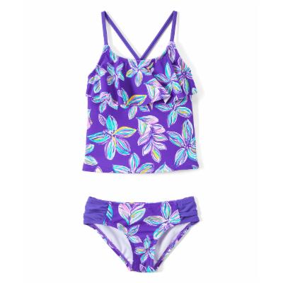 Photo 1 of Kanu Surf Girls' Bikini Bottoms Purple - Purple Charlotte Floral Flounce Crisscross Tankini - Toddler
