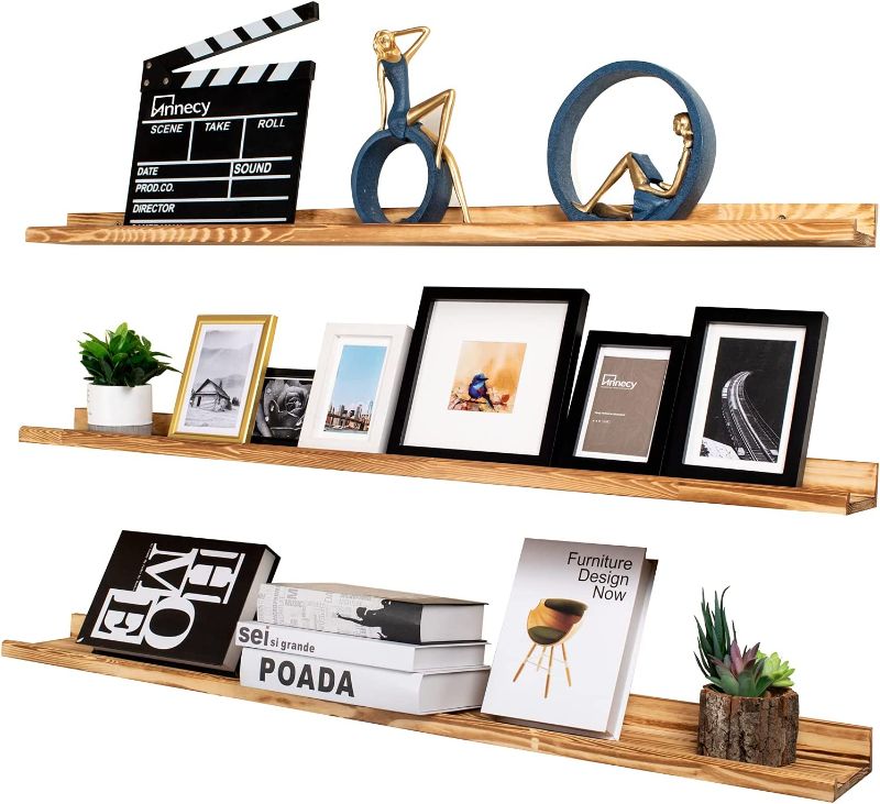 Photo 1 of Annecy Floating Shelves Wall Mounted Set of 3, 47 Inch Carbonized Black Solid Wood Shelves for Wall, Wall Storage Shelves with Guardrail Design for Home, Kitchen, Office, 3 Different Sizes
