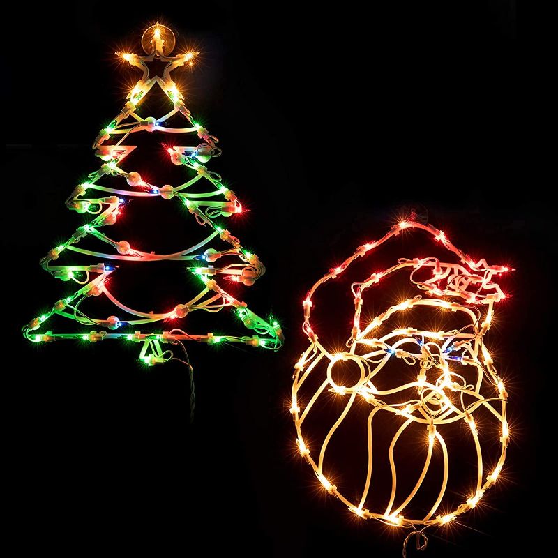 Photo 1 of Christmas Window Silhouette Lights Decorations Pack of 2 Lighted Santa Claus and Xmas Trees Christmas Window Lights with 100 Bulbs for Holiday Indoor Wall Door Glass Decorations
