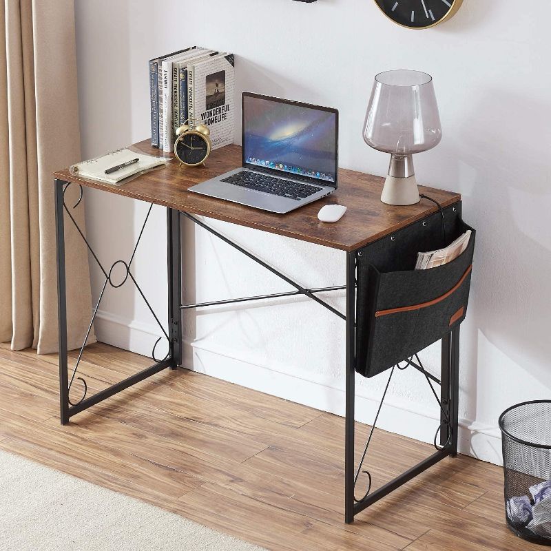 Photo 1 of VECELO Computer Industrial Style Writing Study Desk with Storage Bag/Sturdy Steel Folding Laptop Table for Home Office,Rustic Brown, 39.3"
