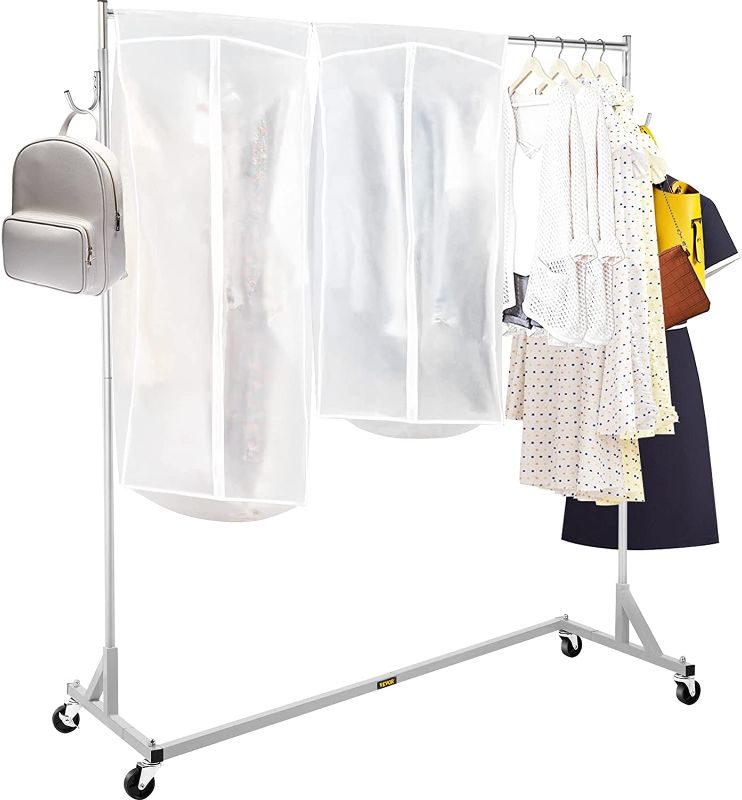 Photo 1 of VEVOR Z Rack, Industrial Grade Z Base Garment Rack, Height Adjustable Rolling Z Garment Rack, Sturdy Steel Z Base Clothing Rack w/ Lockable Casters, for Home Clothing Store Display w/ Cover Silver
