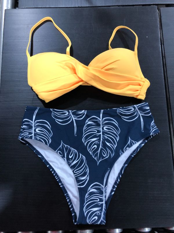 Photo 3 of Yellow Twist-Front And Palm Print High Waisted Bikini [Size S]
