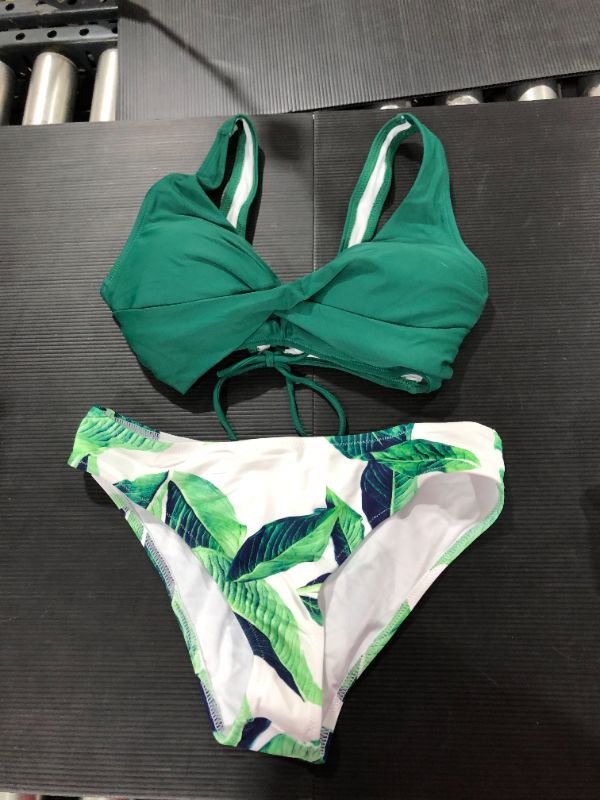 Photo 3 of Green Solid And Leafy Print Bikini [M]
