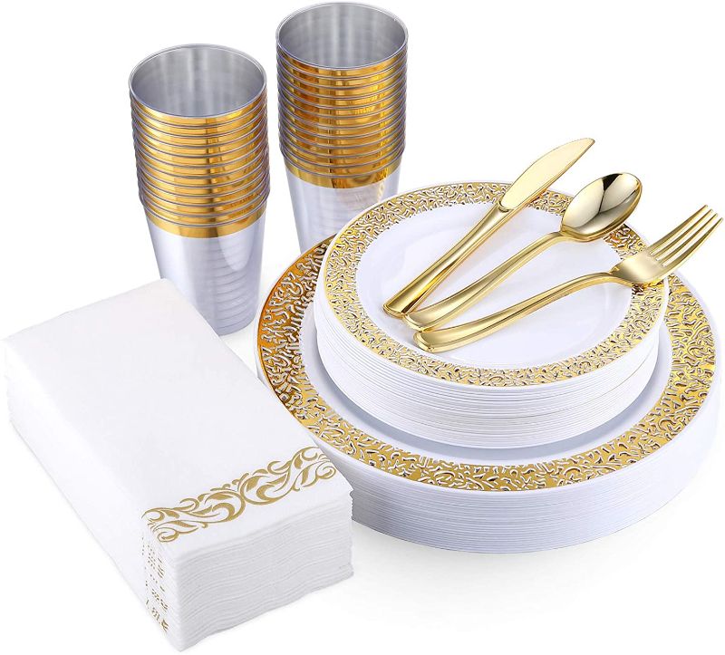 Photo 1 of 175 Piece Gold Dinnerware Set 25 Guest-50 Gold Lace Plastic Plates-25 Gold Plastic Silverware-25 Gold Plastic Cups-25 Linen Like Gold Paper Napkins, FOCUSLINE Disposable Dinnerware Set