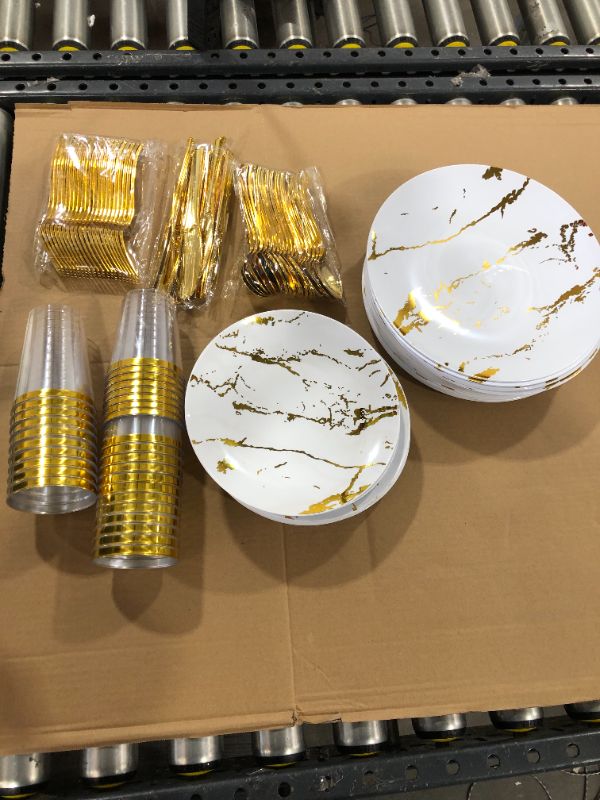 Photo 2 of 175 Piece Gold Dinnerware Set 25 Guest-50 Gold Lace Plastic Plates-25 Gold Plastic Silverware-25 Gold Plastic Cups-25 Linen Like Gold Paper Napkins, FOCUSLINE Disposable Dinnerware Set