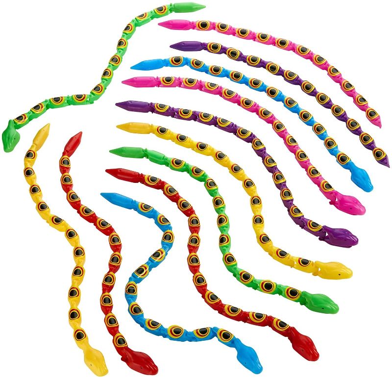 Photo 1 of Kicko Wacky Wiggly Jointed Snakes Long Plastic Snake Toys with Movable Pieces, Teach Children to Spell, Fidget Party Favor Toy Idea for Kids, Boys and Girls (24 pack)