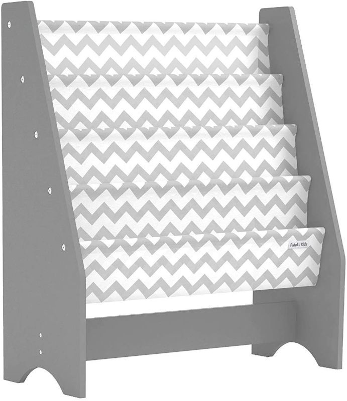 Photo 1 of 
Click image to open expanded view







Pidoko Kids Bookshelf, Grey with Chevron | Wooden Children's Sling Bookcase with Pocket Storage Book Rack - Canvas Gray
