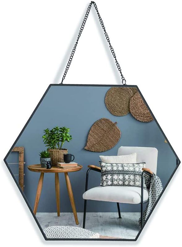 Photo 1 of AFFOMO Hanging Wall Mirror Geometric Hexagon Small Wall Decor Gold Mirror with Chain for Home Decor Bathroom Bedroom Living Room (Black)