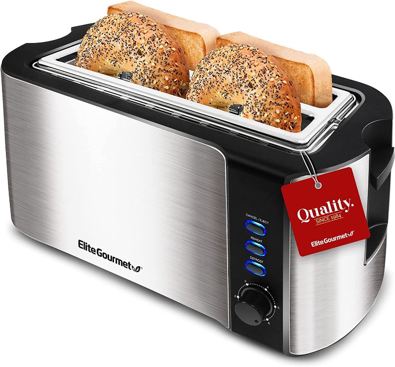 Photo 1 of Elite Gourmet by Maxi-Matic ECT-3100 Long Slot Toaster, Reheat, 6 Toast Settings, Defrost, Cancel Functions, Slide Out Crumb Tray, Extra Wide Slots for Bagels Waffles, 4 Slice, Stainless Steel & Black