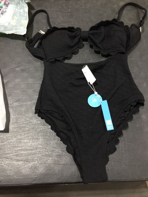 Photo 2 of Black Knotted Scalloped One Piece Swimsuit, Large