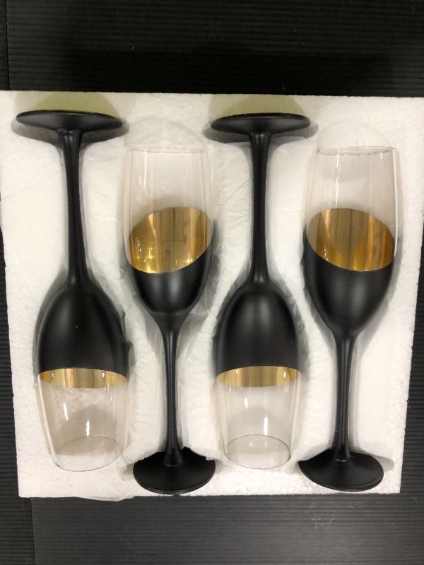 Photo 2 of 8 oz Stemmed Champagne Flutes Black and Gold Plated Wine Glasses, Set of 4