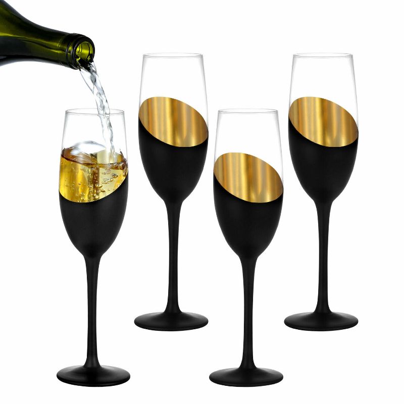 Photo 1 of 8 oz Stemmed Champagne Flutes Black and Gold Plated Wine Glasses, Set of 4