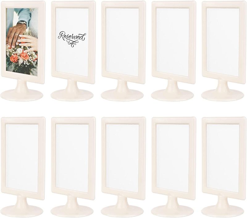 Photo 1 of ALBEN Double Sided Standing Picture Frames - (Cream, 10 count) 4x6 Inch Pedestal Photo Frame with Inserts and Base - 2 Sided Frame for Vertical Display
