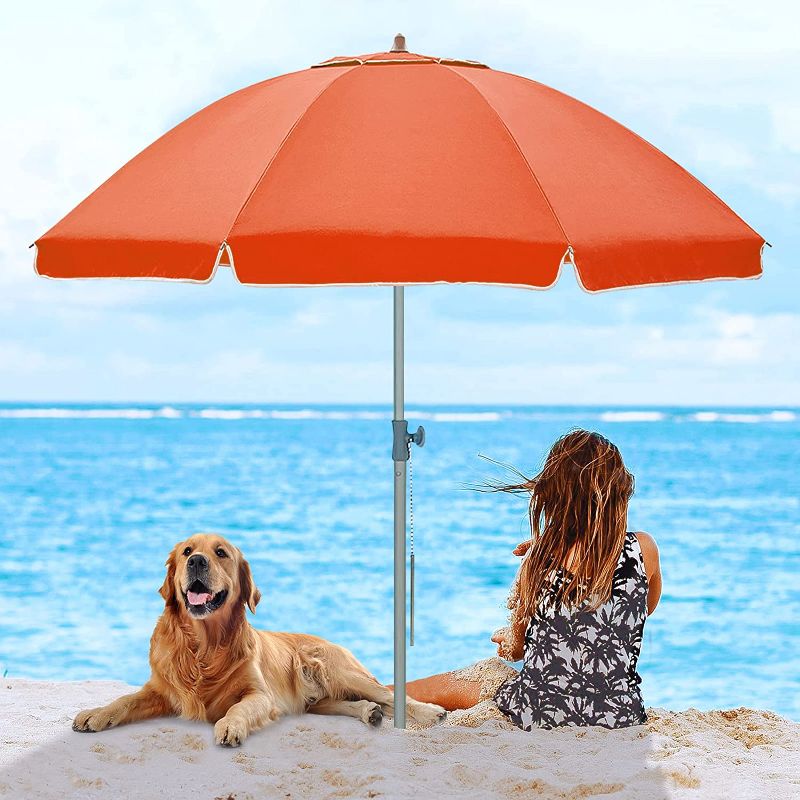 Photo 1 of wikiwiki 7FT Beach Umbrella for Sand, Portable Sunshade Umbrella with Sand Anchor, Carry Bag, Push Button Tilt, Air Vents, SPF60+ Protection Sun Shelter for Sand and Outdoor Activities (Orange)
