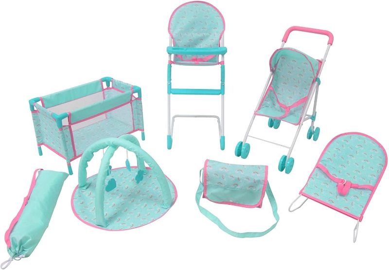 Photo 1 of KOOKAMUNGA KIDS 6 Piece Doll Accessories Playset | Toy Pram Stroller | High Chair with Feeding Tray | Playpen and Travel Cot | Baby Bouncer | Diaper Changing Bag | Activity Mat (Pink Unicorn) (Blue)
