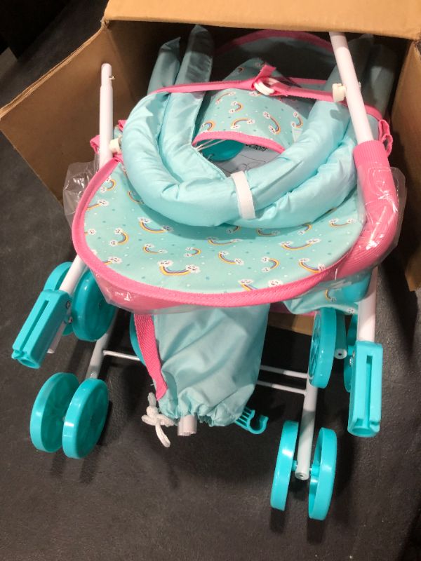 Photo 2 of KOOKAMUNGA KIDS 6 Piece Doll Accessories Playset | Toy Pram Stroller | High Chair with Feeding Tray | Playpen and Travel Cot | Baby Bouncer | Diaper Changing Bag | Activity Mat (Pink Unicorn) (Blue)
