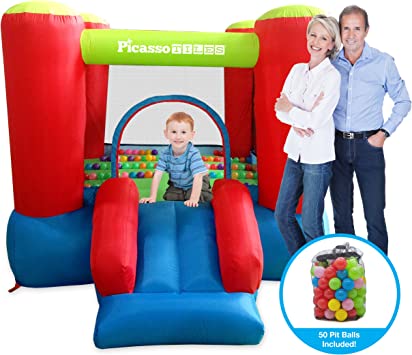 Photo 1 of PicassoTiles KC106 8x7 Foot Junior Inflatable Bouncer, Jumping Bouncing House, Jump Slide Playhouse w/ 50 Pit Balls, 3 Sides Mesh Protection, and Heavy-Duty GFCI ETL Certified 385W Blower
