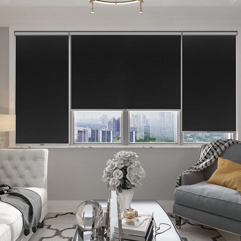 Photo 1 of Changshade Cordless & Blackout Roller Shade, Room Darkening Rolled Up Shade, Fabric Window Blind, for Light Blocking /Sun Protection, 29 inches Wide, Black ROL29BK72A
