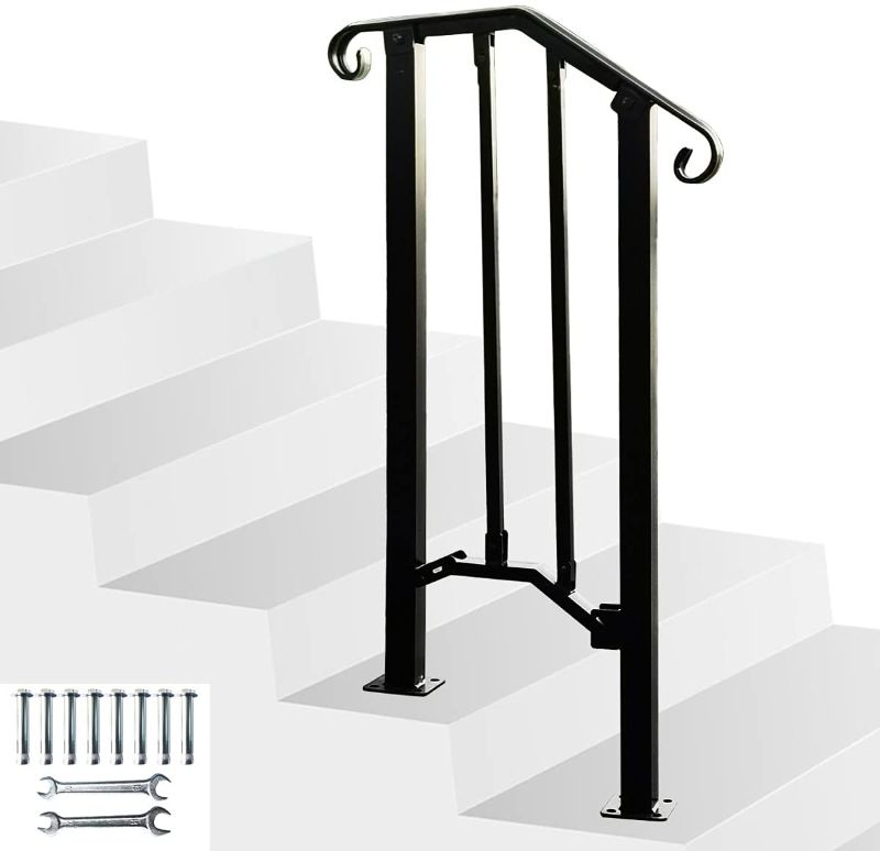 Photo 1 of AMAKZH Handrails for Outdoor Steps Stair Railing Kit Black Metal Handrail Bracket Picket Fits 1 to 2 Step Wrought Iron Safety Staircase
