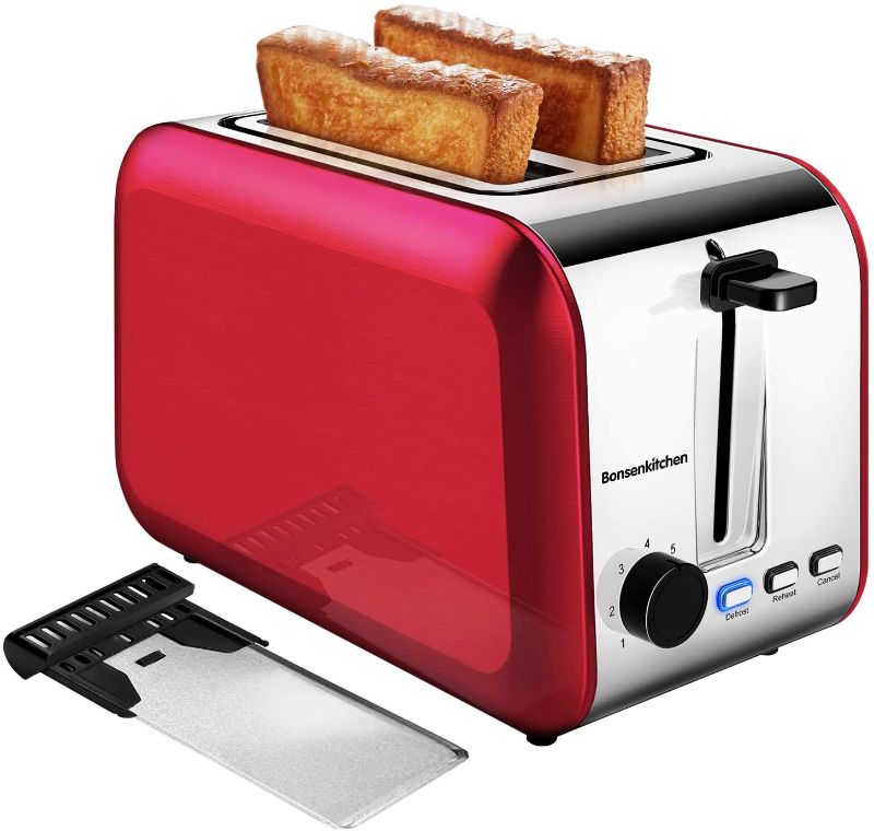 Photo 1 of 2 Slice Toasters, Bonsenkitchen Stainless Steel Wide Slot Bread Toaster with Defrost/Reheat/Cancel Function, 7 Brown Setting, Removable Crumb Tray, Auto Shut Off Kitchen Toaster -Red
