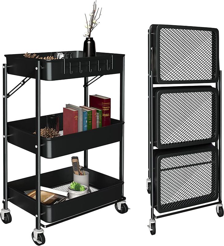 Photo 1 of 3 Tier Rolling Cart with Wheels - Foldable Metal Organizer Storage Carts with Hooks, Free Installation Utility Trolley, Enlarge Quiet Wheels with Locked, Collapsible for Kitchen, Outdoor?Black?
