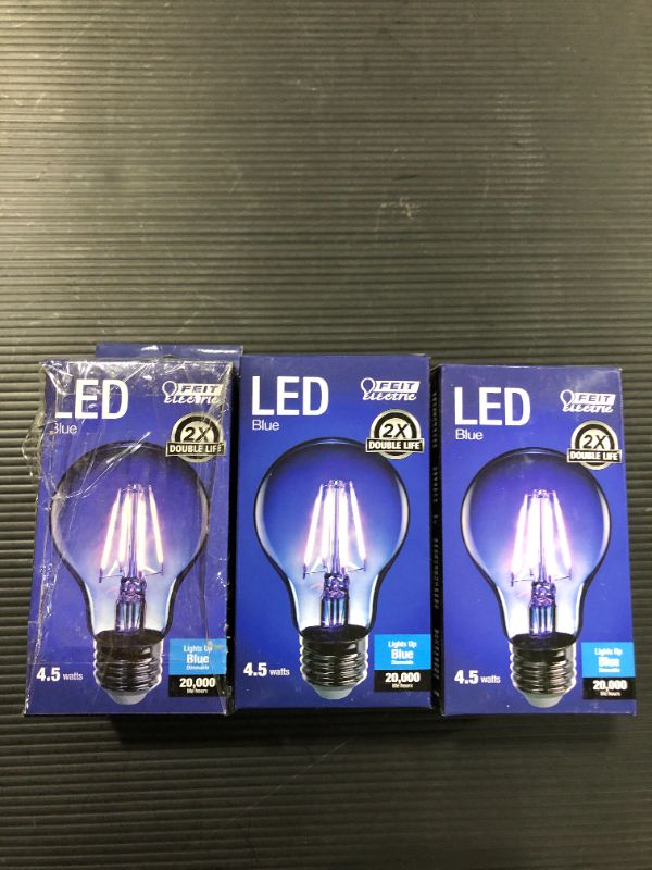 Photo 2 of 3 PACK - 25-Watt Equivalent A19 Medium E26 Base Dimmable Filament Blue Colored LED Clear Glass Light Bulb
