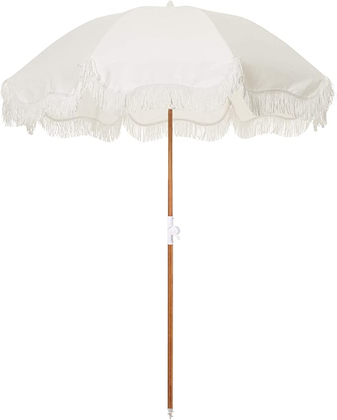 Photo 1 of Business & Pleasure Co. Holiday Umbrella - White Boho Beach Umbrella with Fringe - UPF 50+ Blocks 98% UV - Premium Wood Pole & Aluminum Hinge - Antique White
