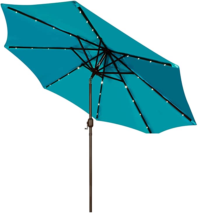 Photo 1 of Blissun 9 ft Solar Umbrella 32 LED Lighted Patio Umbrella Table Market Umbrella with Tilt and Crank Outdoor Umbrella for Garden, Deck, Backyard, Pool and Beach (Cerulean)
