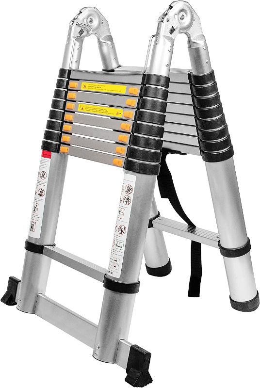 Photo 1 of BEETRO 18.4ft Aluminum Telescoping Ladder with Wheels, A Type Portable Telescopic Extension Ladder for Outdoor Working, Household Use, 330lb Capacity, More Durable and Safer with Balance Rod

