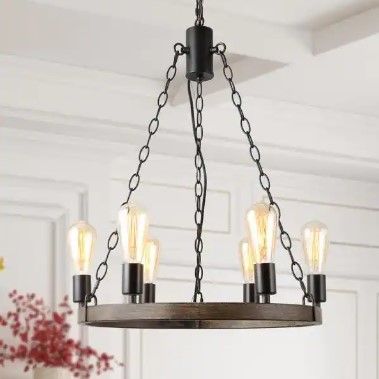 Photo 1 of 6-Light Brown Modern Farmhouse Wagon Wheel Island Chandelier with Faux Wood Accents
