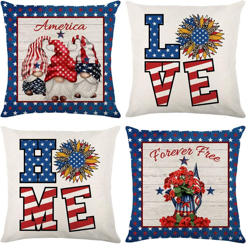 Photo 1 of 4th of July Decorations Pillow Covers 18x18 Set of 4 Independence Day Memorial Pillowcase American Flag Stars Throw Pillow Covers Freedom Patriotic Holiday Pillows Decor for Home Sofa Couch Bed Car
