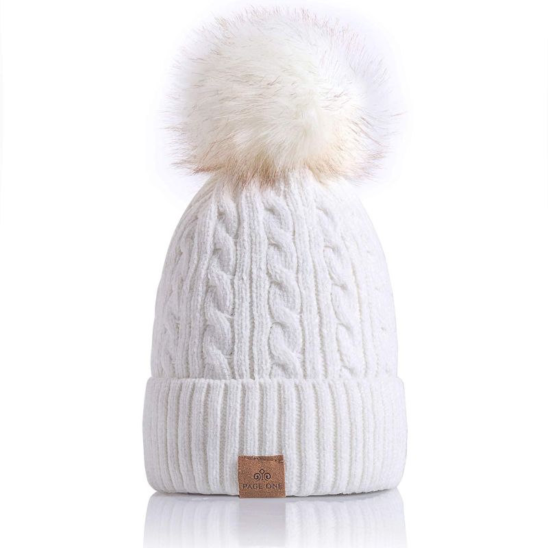 Photo 1 of PAGE ONE Women Winter Pom Pom Beanie Hats Warm Fleece Lined,Chunky Trendy Cute Chenille Knit Twist Cap/White
