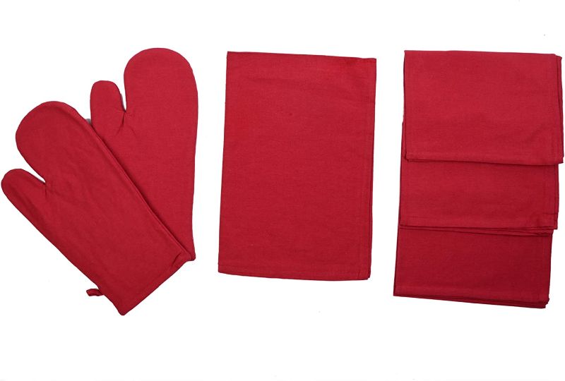Photo 1 of Ajuny Solid Red Premium 100% Cotton 200 Tread Count Kitchen Towel 26x18 Inch 4 Pc and Oven Mitten 12.5 Inch Long 2Pc Set
