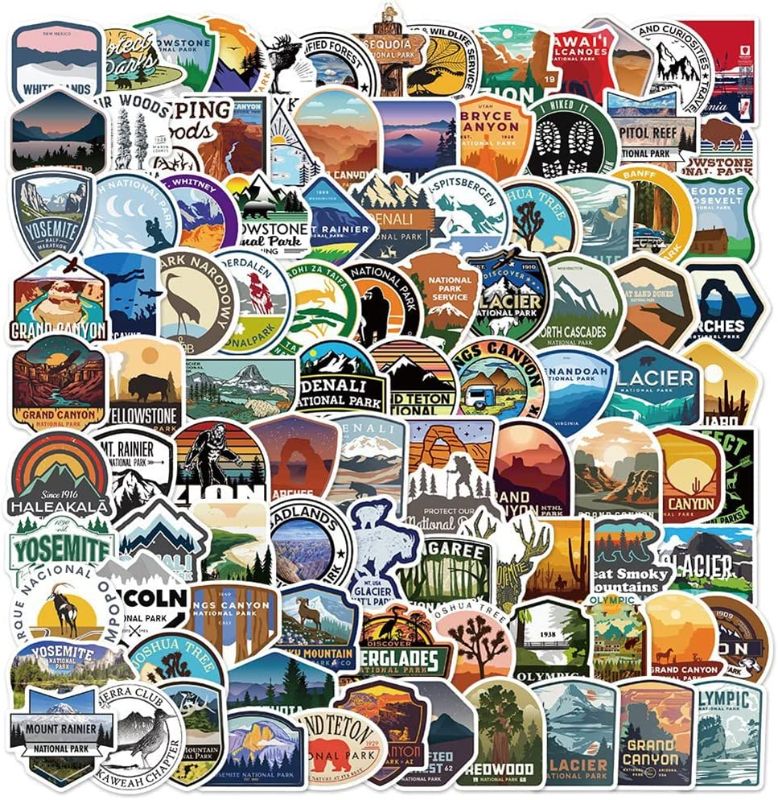 Photo 1 of 100 Pcs National Parks Stickers for Explore Camping Travel Outdoor Stickers for Hunting PVC Waterproof Water Bottle Car Bike Luggage Skateboard Phone
