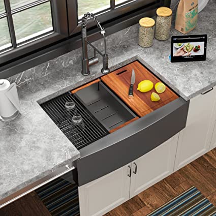 Photo 1 of 30" Farmhouse Sink Black - Sarlai 30 inch Kitchen Sink Apron Front Ledge Workstation Gunmetal Black 16 Gauge Stainless Steel Deep Single Bowl Kitchen Farm Sink All In One
