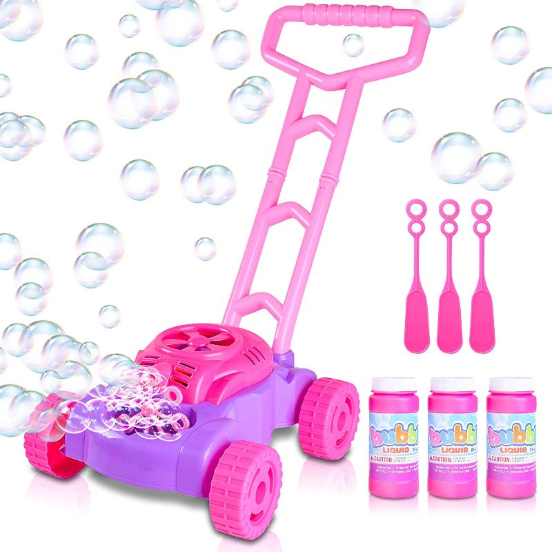 Photo 1 of ArtCreativity Pink and Purple Bubble Lawn Mower for Toddlers | Electronic Bubble Blower Machine | Fun Bubbles Blowing Push Toys for Kids | Bubble Solution Included | Christmas Birthday Gift for Girls
