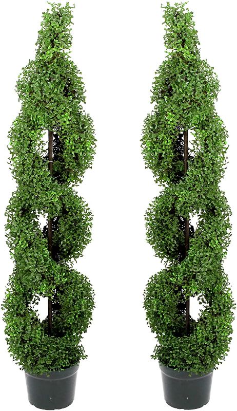 Photo 1 of Admired By Nature 2 x 5' Artificial Boxwood Leave Double Spiral Topiary Plant Tree in Plastic Pot, Green, Twin Pack
