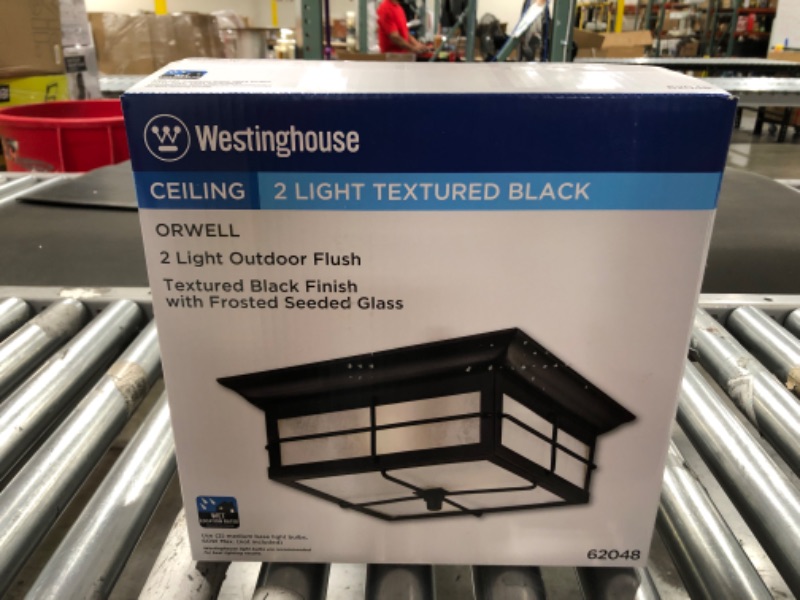 Photo 4 of Westinghouse Lighting 6204800 Orwell Two-Light Outdoor Flush-Mount Fixture, Textured Black Finish on Steel with Frosted Seeded Glass
SEALED NEW IN BOX.