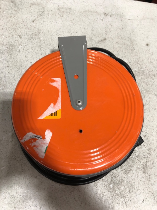 Photo 6 of Bayco SL-800 Retractable Metal Cord Reel with 3 Outlets - 30 Foot. MISSING BOX. PRIOR USE. PHOTO FOR REFERENCE. COLOR IS ORANGE.
