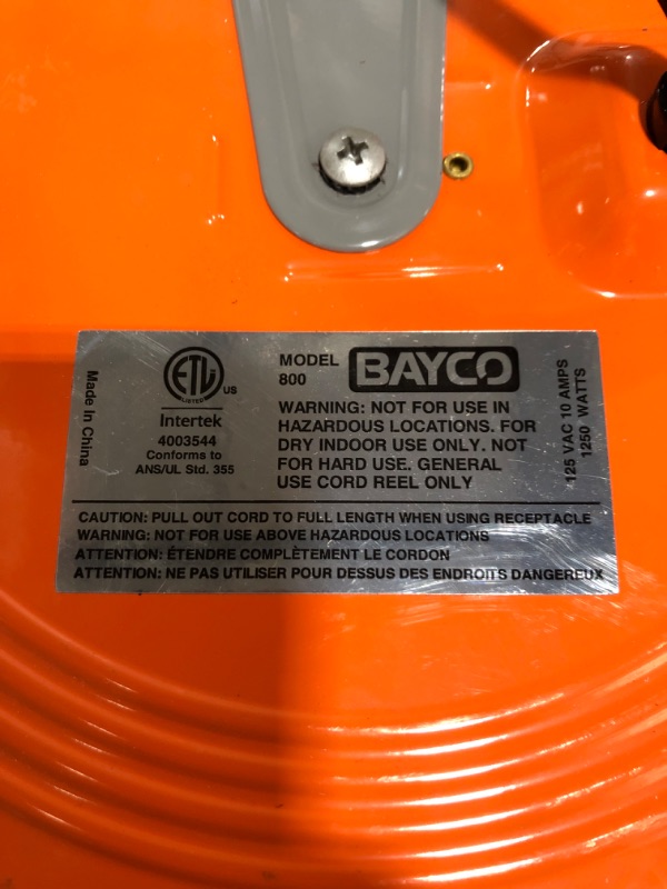 Photo 5 of Bayco SL-800 Retractable Metal Cord Reel with 3 Outlets - 30 Foot. MISSING BOX. PRIOR USE. PHOTO FOR REFERENCE. COLOR IS ORANGE.
