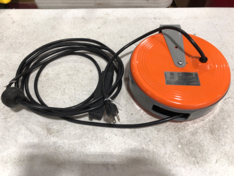 Photo 4 of Bayco SL-800 Retractable Metal Cord Reel with 3 Outlets - 30 Foot. MISSING BOX. PRIOR USE. PHOTO FOR REFERENCE. COLOR IS ORANGE.
