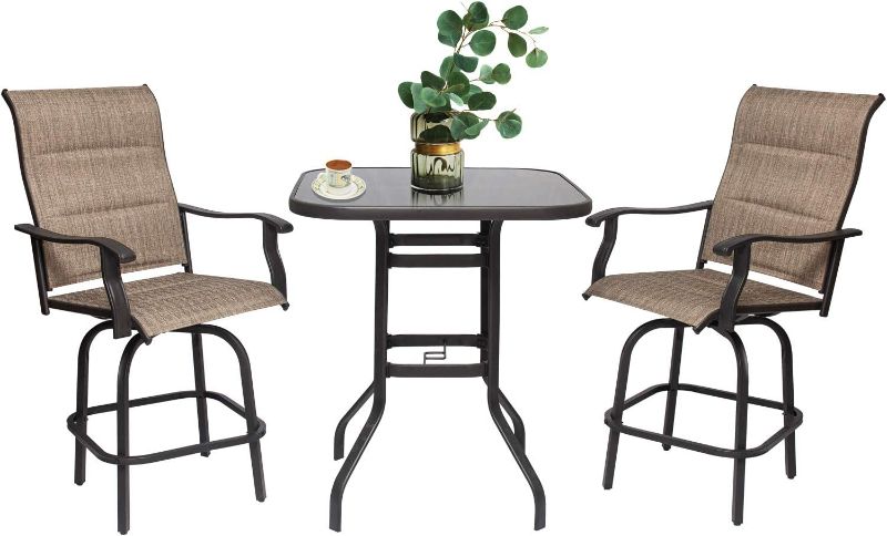 Photo 1 of 3 PCS High Bistro Sets,Outdoor Furniture Patio Swivel Bar Set Height Patio Bistro Set with 2 Outdoor Bar Stools and 1 Square Bar Table,Patio Furniture Sets for Lawn Backyard and Garden??
